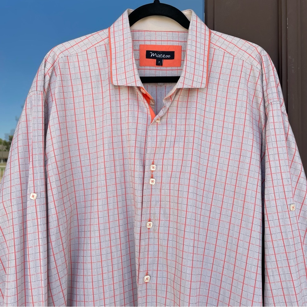 MACEOO Peach-Orange Brown Plaid Dress Shirt Size 7 (XL)